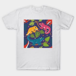 Colourful Geckos with Jungle Leaves and Stars on purple T-Shirt